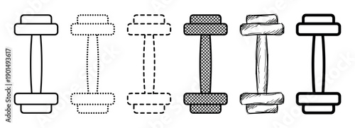 Set of six black dumbbell icons in various line art styles including solid, dotted, dashed, crosshatch, and hand-drawn sketch for fitness and workout concepts