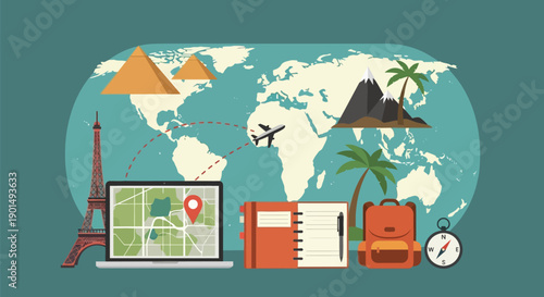 Global travel planning concept with world map and iconic landmarks illustrating adventure and
