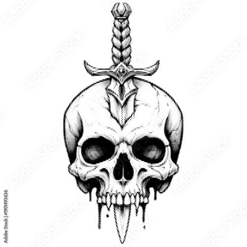 Knife pierced in skull vintage y2k halftone art, dark macabre horror stipple brutalist retro vector png with transparent background, bold 2000s aesthetic photocopy effect tattoo