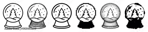 Set of six black snow globe icons with Christmas trees inside, showcasing various artistic styles like line art, sketch, pixel art, stippling, and grunge for holiday design