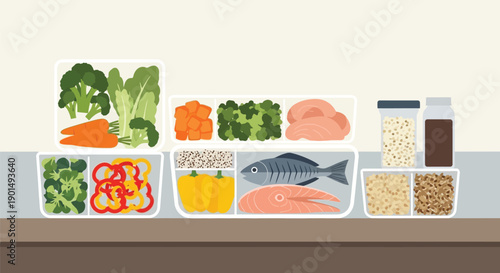 Healthy food ingredients neatly organized in containers for meal preparation