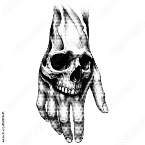 Skull in hand vintage y2k halftone art, skeletal hand holding skull stipple brutalist retro vector png with transparent background, bold 2000s aesthetic photocopy effect tattoo