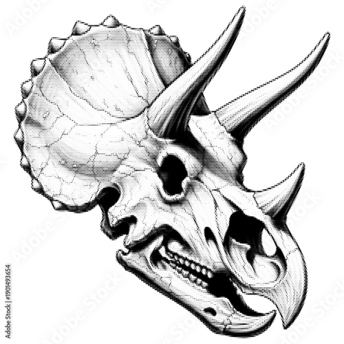 Horned dinosaur head vintage y2k halftone art, prehistoric ceratopsid stipple brutalist retro vector png with transparent background, bold 2000s aesthetic photocopy effect tattoo