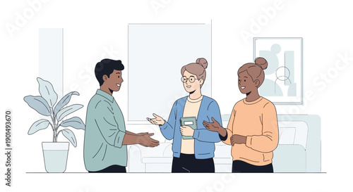 Diverse colleagues engaging in conversation with a plant in the foreground and artwork in the