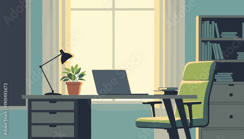 A modern minimalist office setup with a desk laptop and chair illuminated by natural light