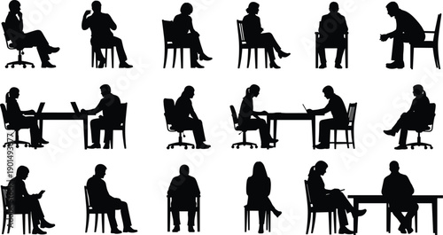 Black silhouettes of people sitting on chairs and desks