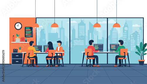 Modern office environment with employees working on computers with city skyline backdrop