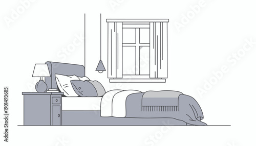 Minimalist bedroom interior scene featuring a neatly made bed with pillows and a blanket near a