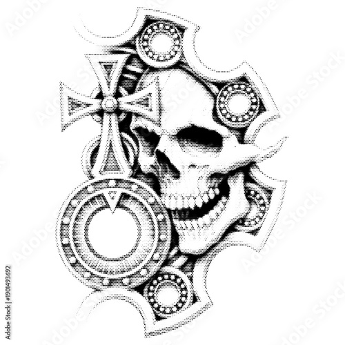 Skull with cross vintage y2k halftone art, gothic macabre symbol stipple brutalist retro vector png with transparent background, bold 2000s aesthetic photocopy effect tattoo