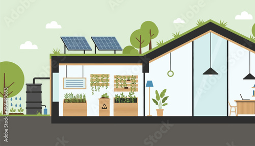 Eco-friendly sustainable house design featuring solar panels green roof and indoor vertical garden
