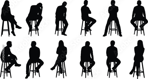 Black silhouettes of people sitting on stools