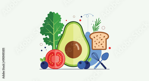 Vibrant flat illustration of healthy food ingredients like avocado tomato and toast