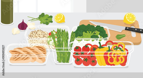 Fresh Ingredients Ready for Meal Preparation with Organized Food Containers