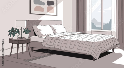 Stylized Bedroom Illustration with Natural Light and Peaceful Atmosphere