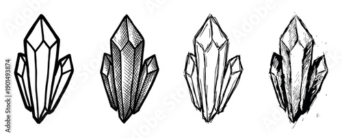 Set of four hand-drawn crystal cluster illustrations showing a progression from simple line art to a detailed, sketchy style with hatching and shading for a magical design