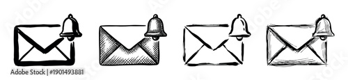 Set of four hand-drawn envelope and bell notification icons in a black and white sketch style, illustrating subscription, new message alerts, and email reminders