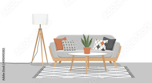 Cozy modern living room setup with sofa floor lamp and coffee table minimalist design