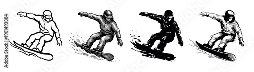 Set of four snowboarder illustrations in black and white, showcasing an athlete in a dynamic carving pose with various artistic styles like line art, engraving, sketch, and silhouette