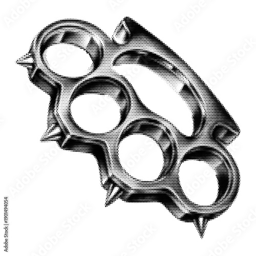 Knuckle duster vintage y2k halftone art, gritty street weapon icon stipple brutalist retro vector png with transparent background, bold 2000s aesthetic photocopy effect tattoo