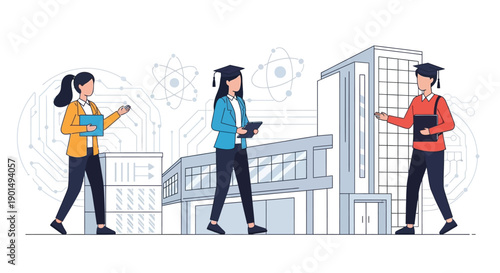 Diverse students with academic achievements graduating from modern educational institutions