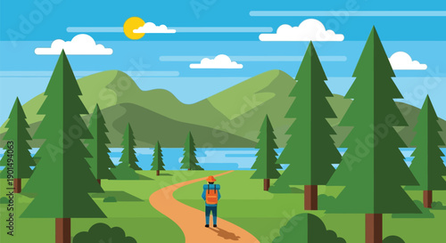 Lone hiker embarks on a scenic journey through a vibrant green forest landscape near a serene lake