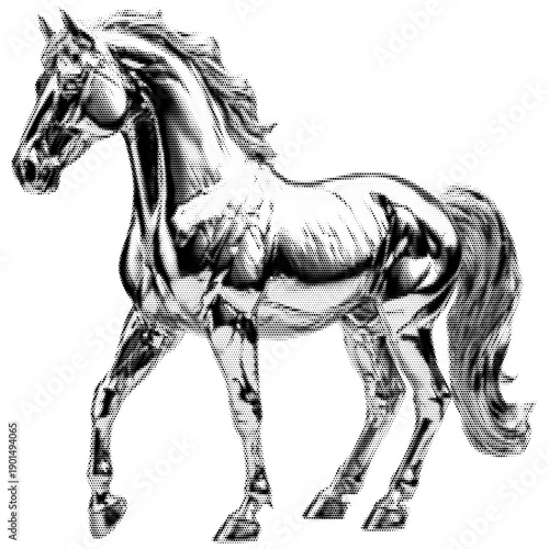 Shiny horse vintage y2k halftone art, majestic glossy steed stipple brutalist retro vector png with transparent background, bold 2000s aesthetic photocopy effect tattoo