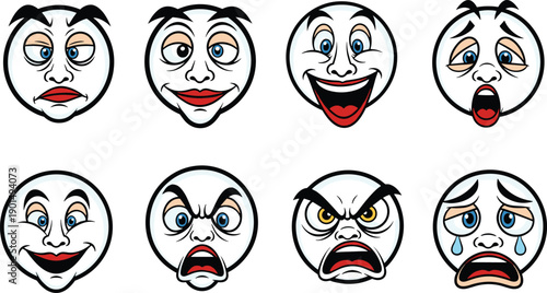 Cartoon faces with various emotions on white background expressions smiling