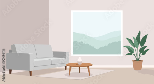 Minimalist Living Room Interior with Serene Landscape View and Potted Plant