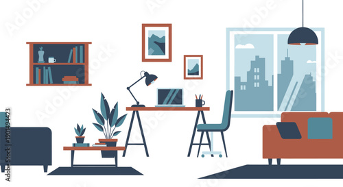 Cozy home office setup with urban cityscape view and comfortable seating