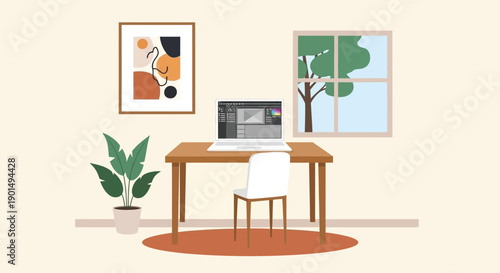Cozy minimalist home office setup with a laptop and abstract art for creative work