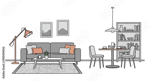 Minimalist modern living room interior illustration with furniture and decor elements