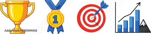 Gold trophy cup, gold medal with blue ribbon and number 1, red and white target with blue dart, blue bar graph with upward black arrow and mountain