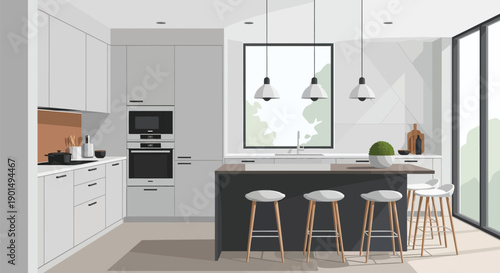 Modern minimalist kitchen interior with island and large windows showcasing nature view