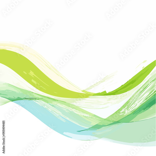 Abstract green and blue wavy lines on white background.