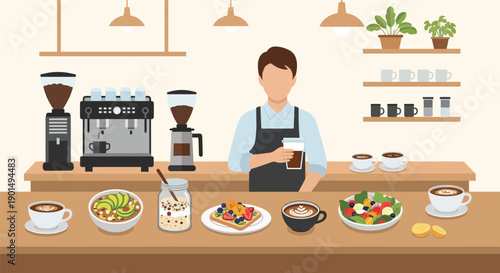 Barista serving coffee and healthy food options at a modern cafe counter