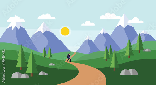 Serene Mountain Landscape with a Lone Hiker on a Winding Trail Under a Bright Sun