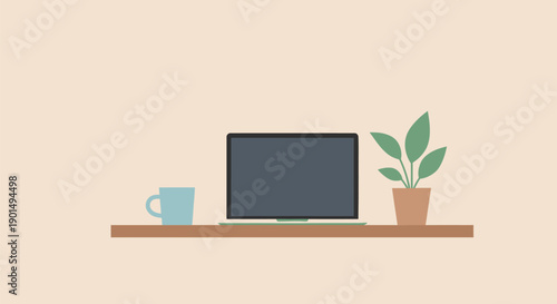 Minimalist workstation setup featuring a laptop, mug, and potted plant on a shelf