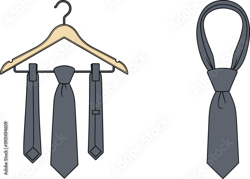 Gray ties on a wooden hanger and a looped necktie neckties clothing accessories