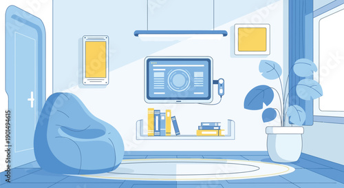 Modern Minimalist Living Room With Blue Bean Bag and Digital Display