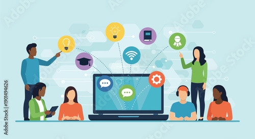Diverse group of people engaging in collaborative learning and digital communication via technology
