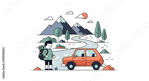 Flat design illustration of a traveler with a backpack and a vintage car on a scenic mountain road