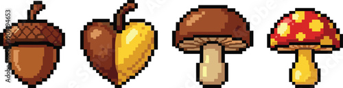 Pixel forest floor acorn leaf mushroom fungi