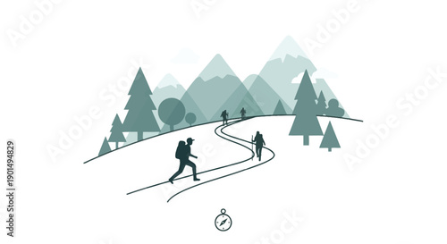 Adventurers trek along a winding mountain path surrounded by evergreen trees and layered peaks
