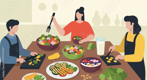 Diverse individuals collaboratively preparing a healthy and vibrant meal together in a communal