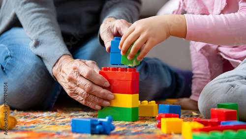 An older person and a young child are engaged in building a colorful tower with large plastic blocks.