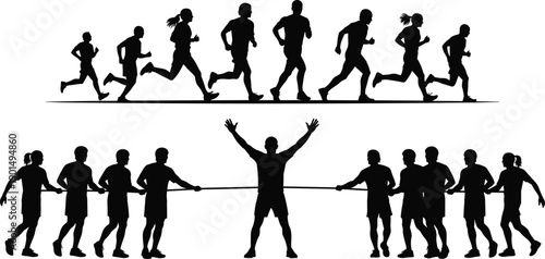 Silhouettes of people running and tug of war team runners jogging exercise