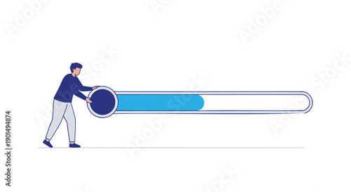 Vector illustration of a man pushing a large progress bar or loading gauge, for website or app UI, isolated on transparent background, png