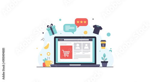 Digital marketplace and online shopping concept with laptop and various e-commerce icons for