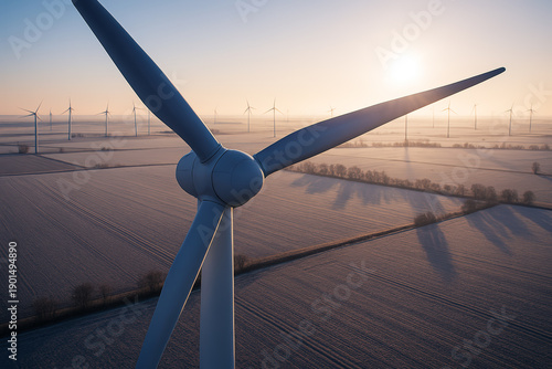 Windenergie - Windrad im Gegenlicht der tiefstehenden Sonne aus der Vogelperspektive in winterlicher Landschaft, KI generiertes Bild.