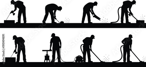 Silhouettes of workers using power tools and vacuum drilling